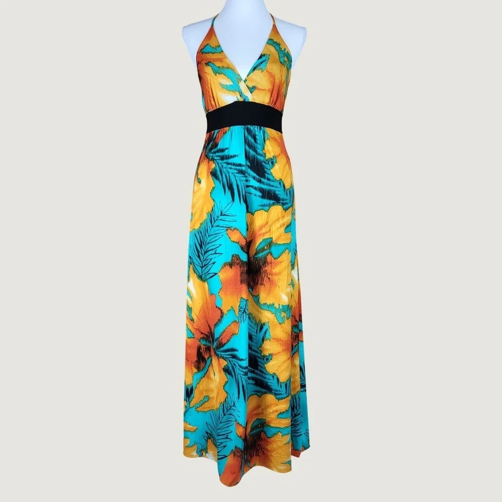 Lipstick Maxi Dress Womens Medium Halter Tropical Floral Sleeveless Teal Orange